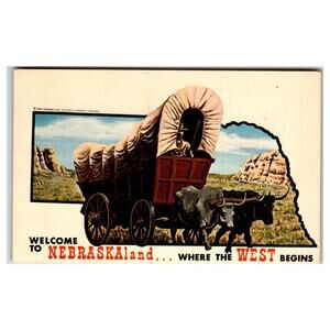 1961 Plastichrome Nebraska Covered Wagon Oxen Pioneer Postcard